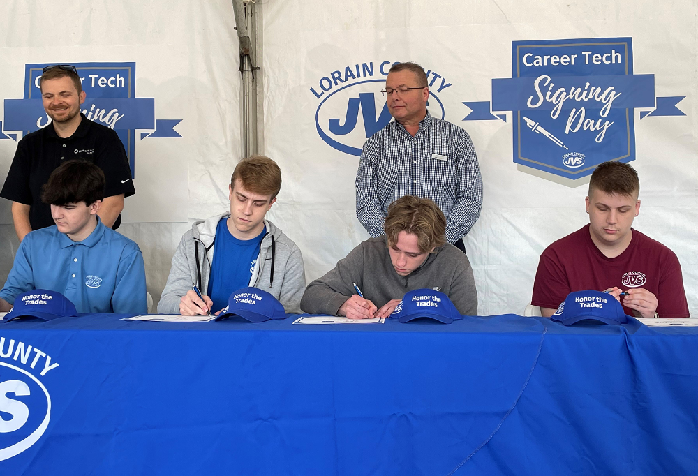 Lorain County JVS Engineering Design and Technology seniors sign letters of intent with local companies at the LCJVS Signing Day event.