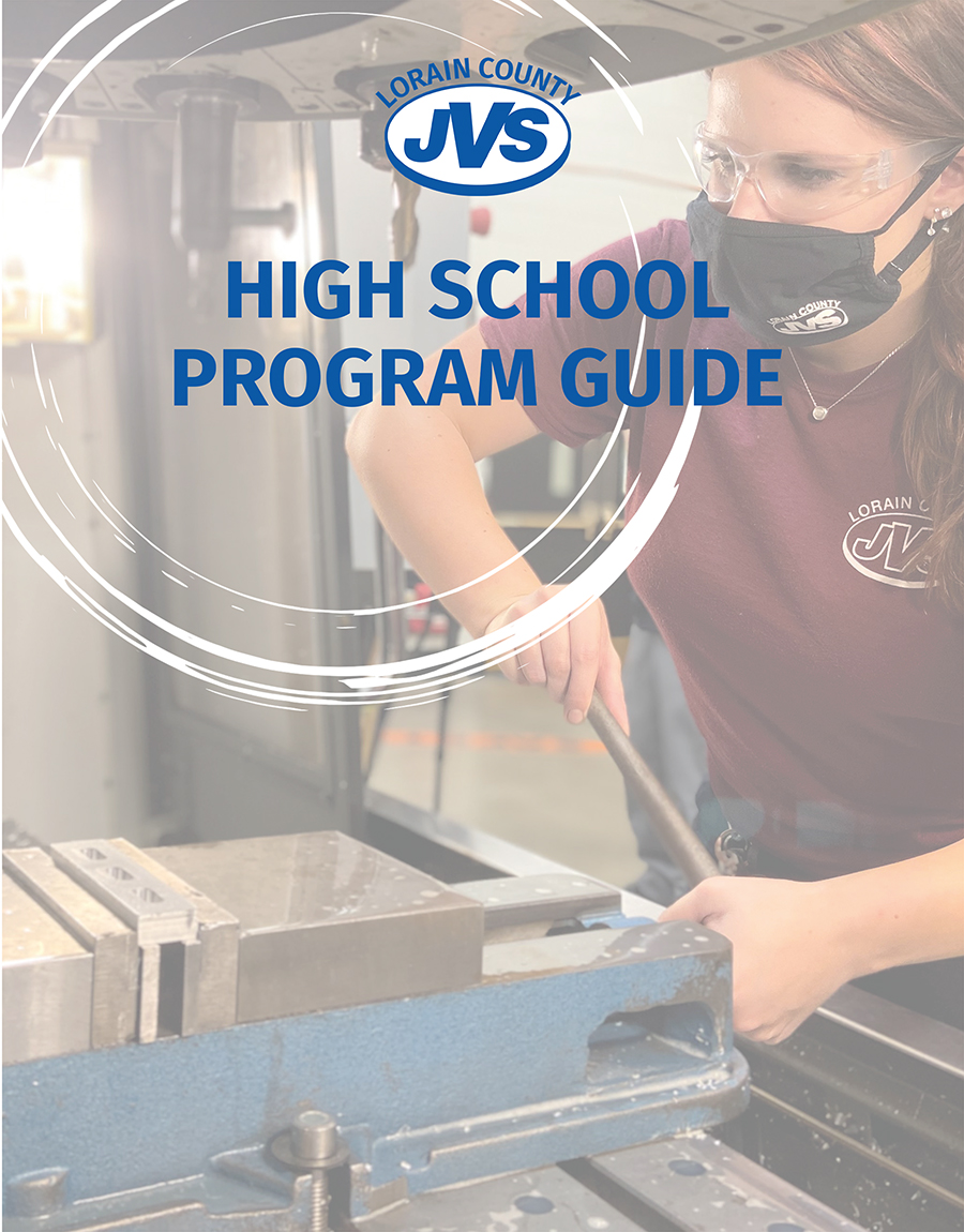 Lorain County JVS High School program guide cover - female student working on CNC machine