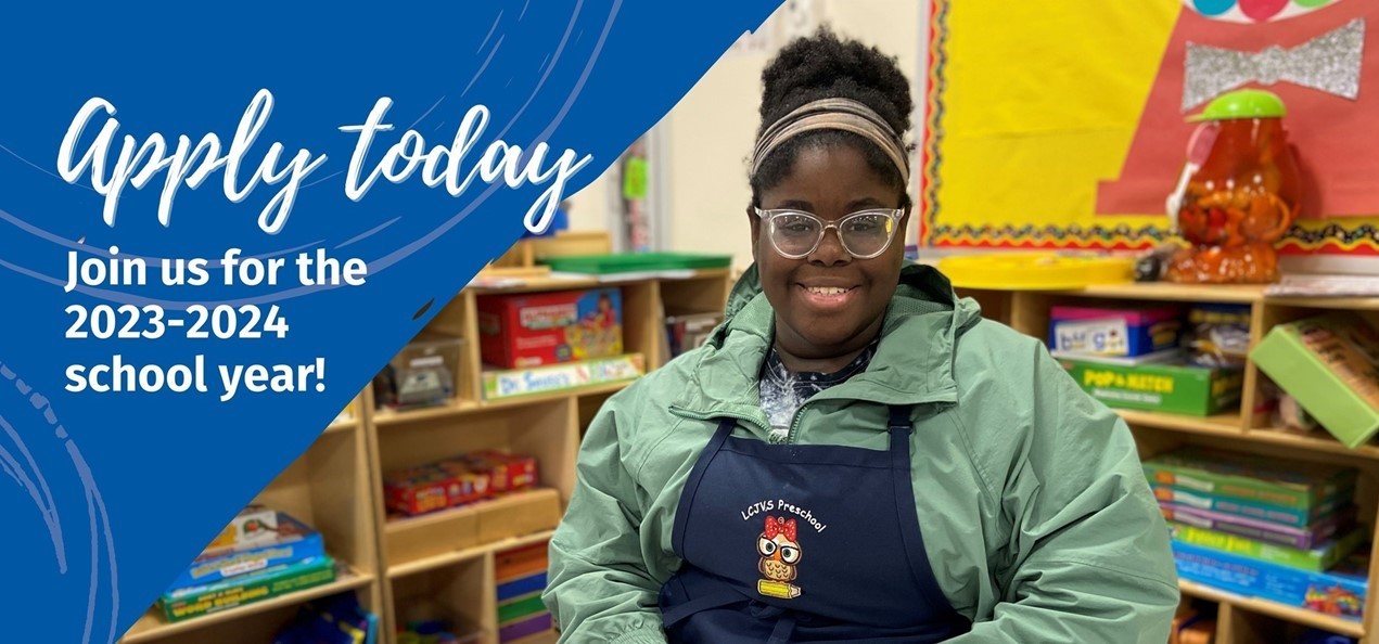 Apply Now for the 2023-2024 school year. High school girl smiles at desk in a preschool classroom.