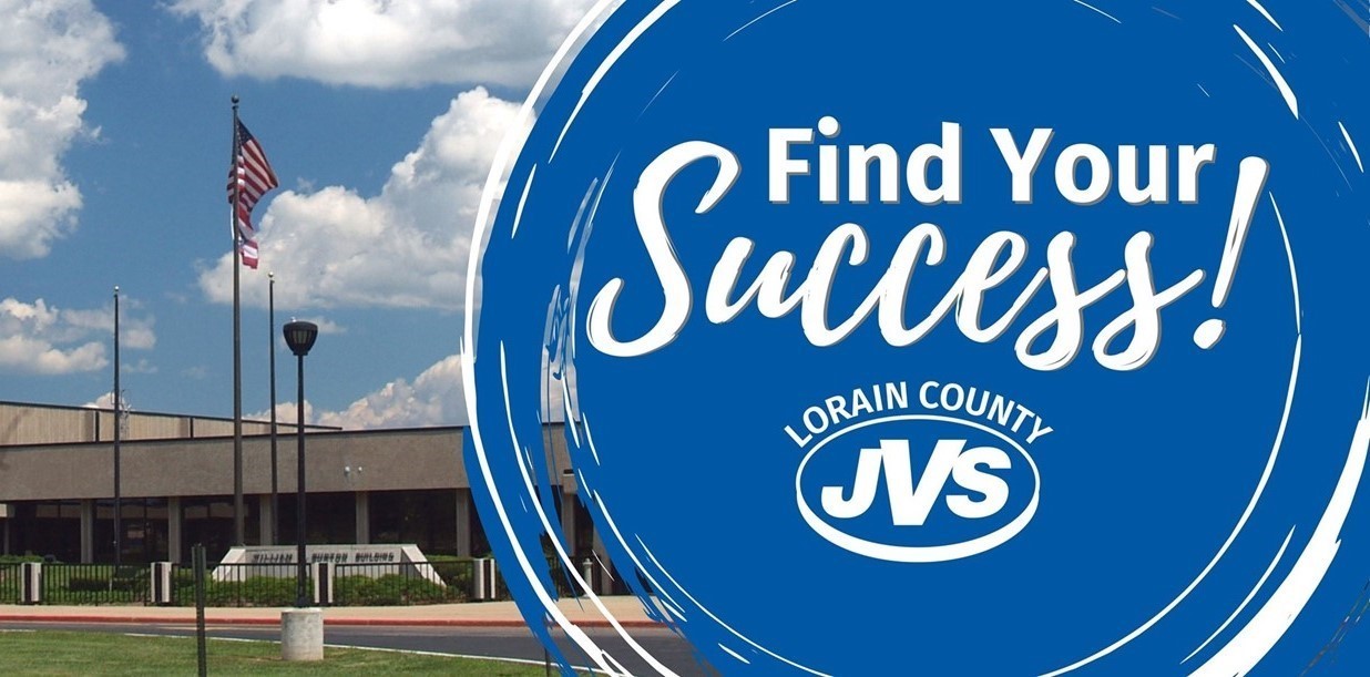 Find Your Success at Lorain County JVS - photo of outside of LCJVS building with American flag