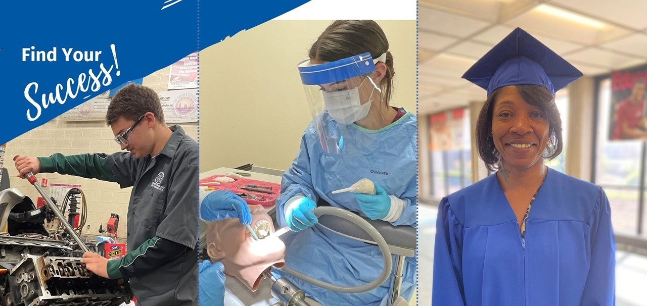 Find Your Success - LCJVS Adult programs to meet your needs - Male auto tech student, female dental students, ADP grad