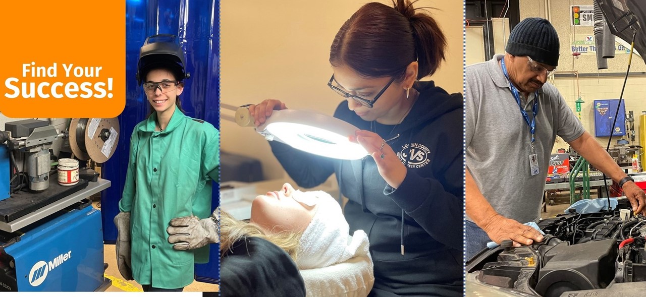 Find Your Success! Female Welder smiles. Female Esthetician works on female client. Male automotive service technician